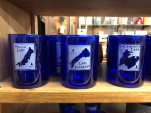 Custom etched glasses that beautifully represent local Adirondack lakes. Made by American Crystal.