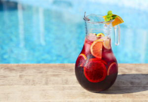 glass jug of iced sangria